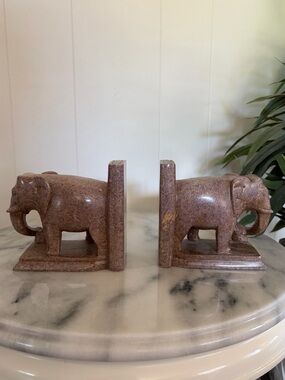 Vintage Soapstone Elephant Bookends Pair Carved Stone Boho Decor Heavy Sculpture